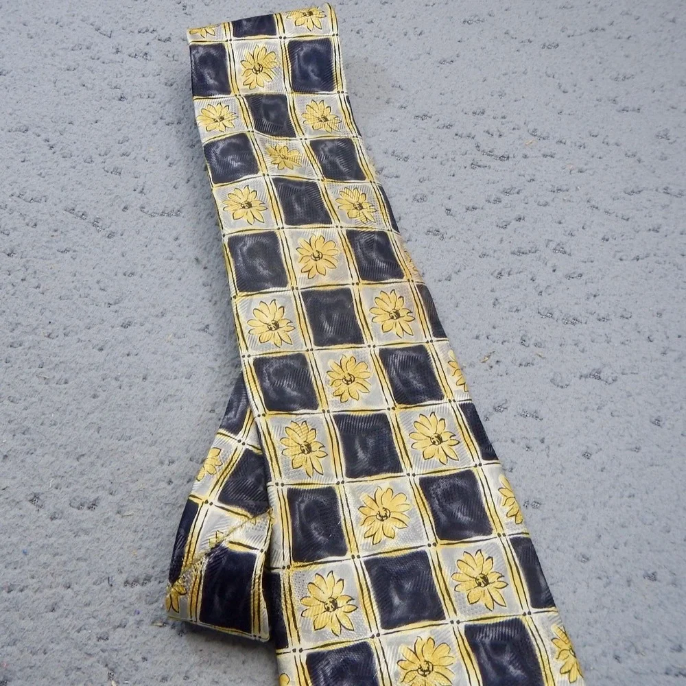 Monsieur Givenchy Tie Blue Yellow Floral Grid Jacquard Silk Classic Geometric